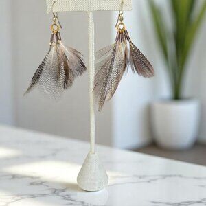 Cream and Taupe boho feather earrings